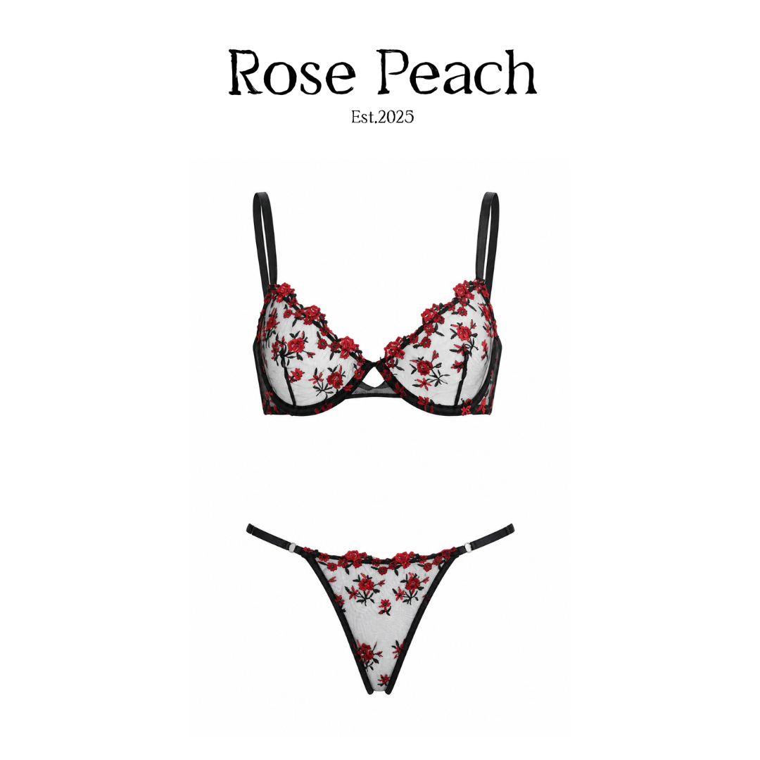 Rouge Bloom Embroidered Lingerie Set