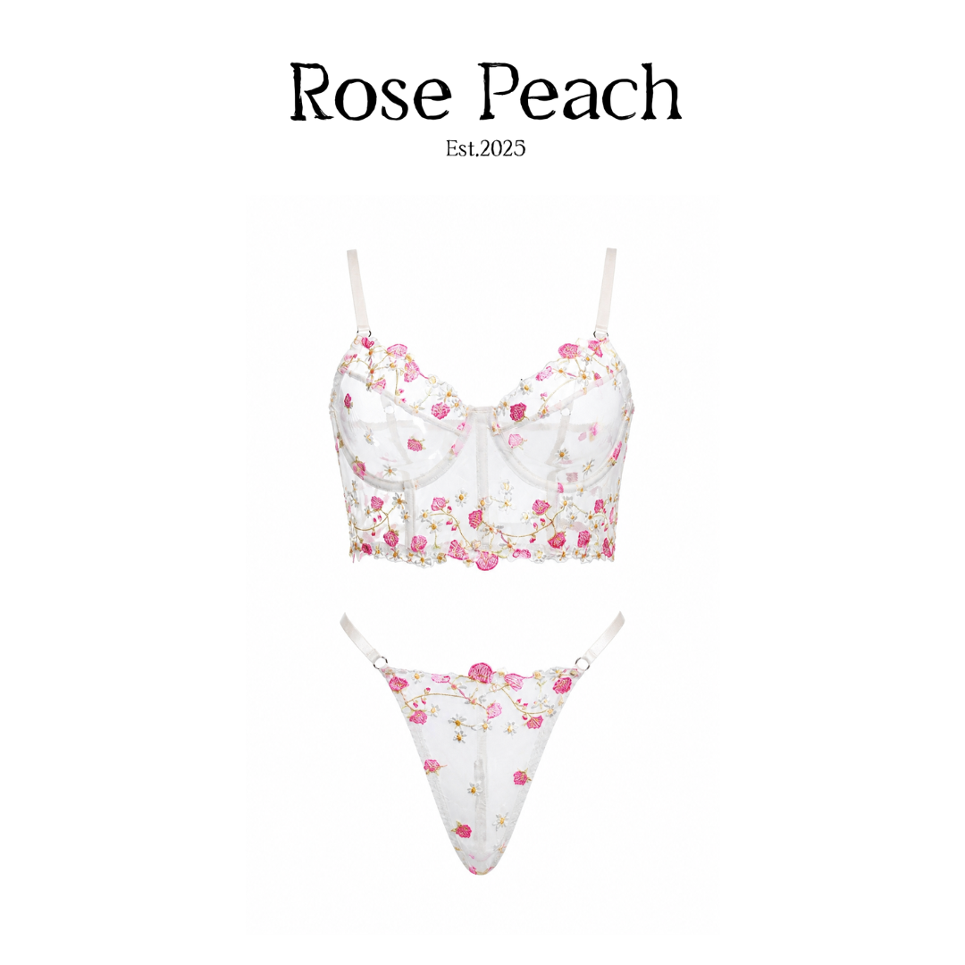 Rose Garden Embroidered Mesh Bra & Thong Set
