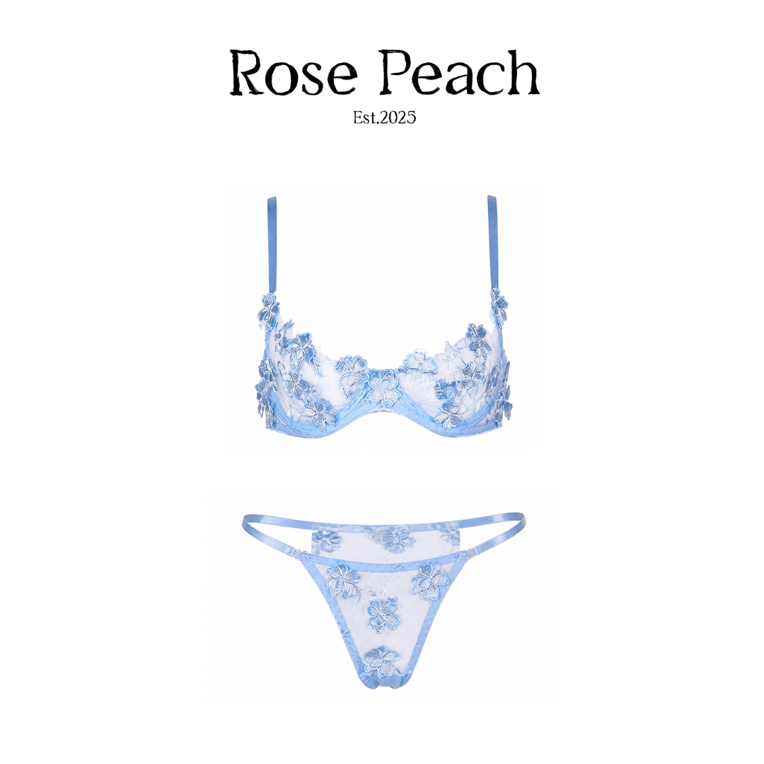Sky Bloom Embroidered Mesh Lingerie Set